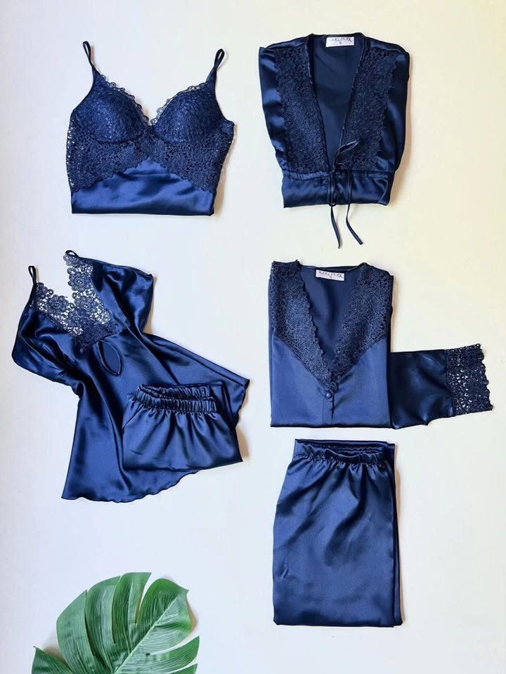 6-Piece Luxury Satin Nightwear Set for Women – Lace Detailed Loungewear